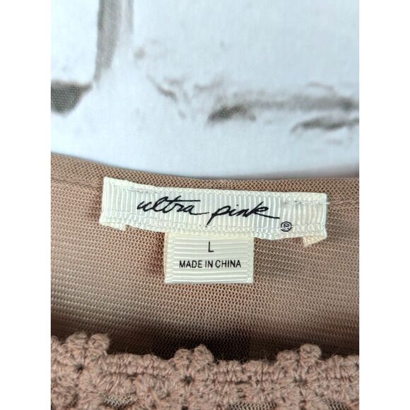 ULTRA PINK Lace Mesh Layered Tunic Bell Sleeve Boho Hippie Peasant Stretch Large - Picture 7 of 9